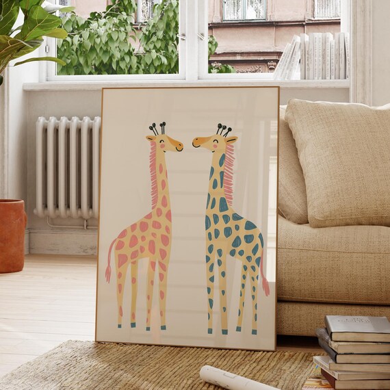 Sweet Giraffe Couple Pink Teal Safari Nursery Kids Room Art Print