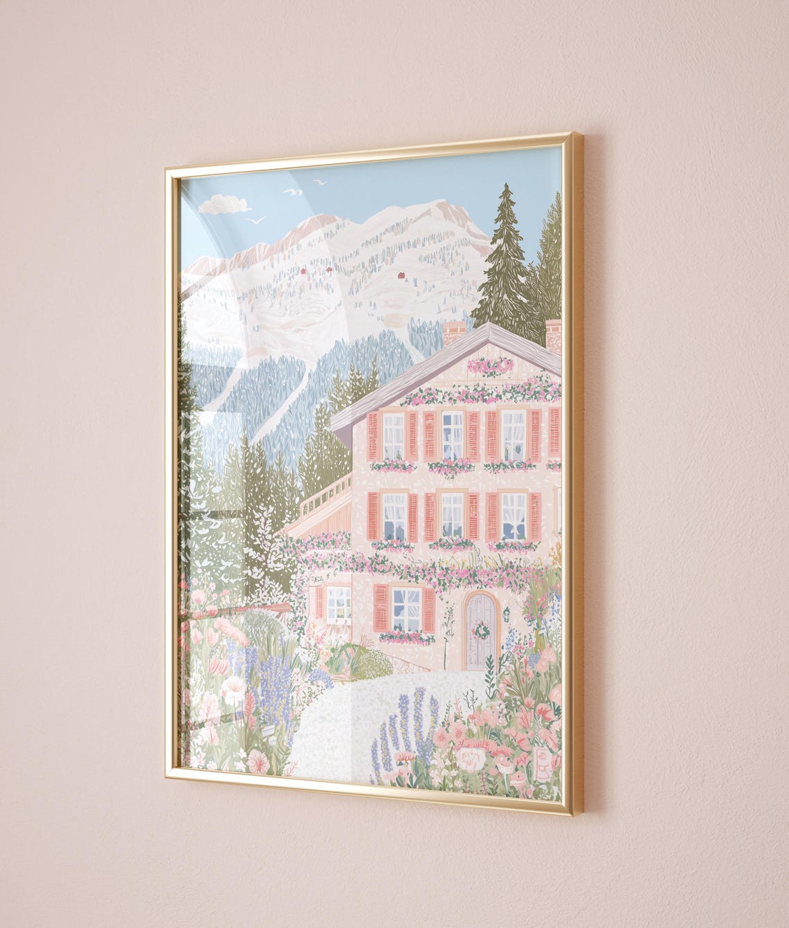 Alpine Chalet Flower Boxes Snowy Mountains Garden Path Summer Poster - Image 3