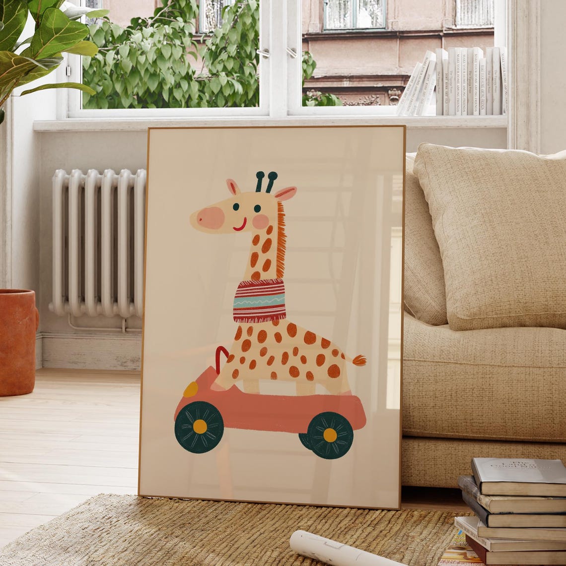 Giraffe Riding Red Convertible Car Safari Nursery Art Poster - Image 4