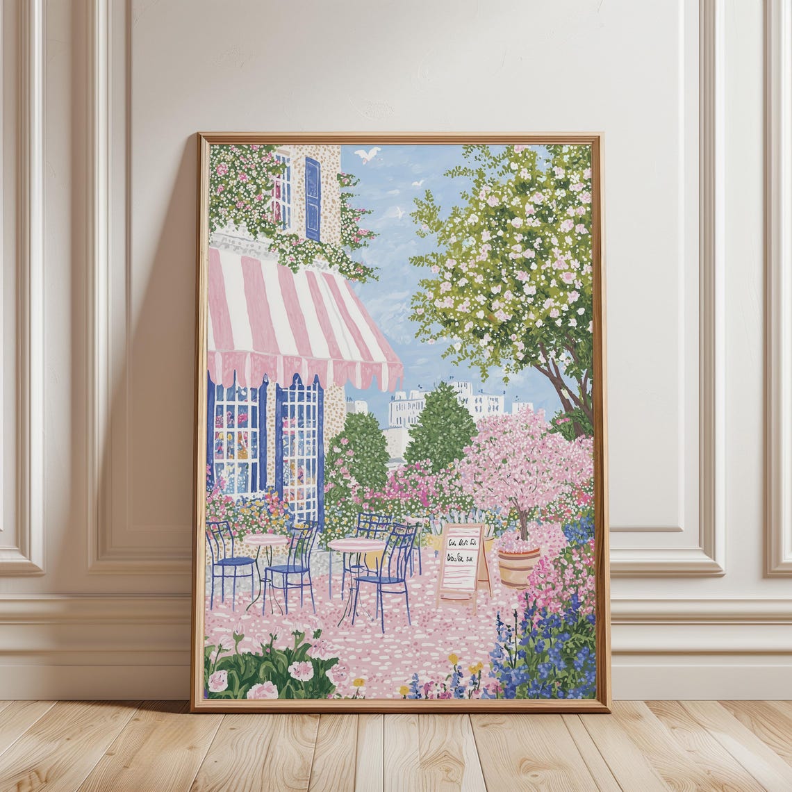 Paris Garden Cafe Cherry Blossom Terrace Pink Awning Spring Poster