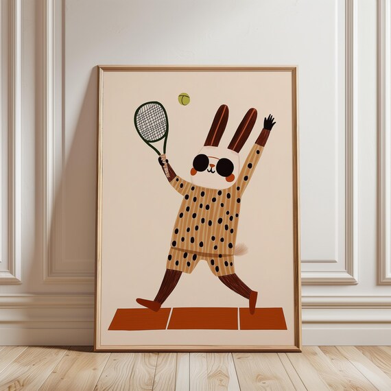 Tennis Bunny Sunglasses Polka Dot Outfit Kids Sports Nursery Wall Art Print