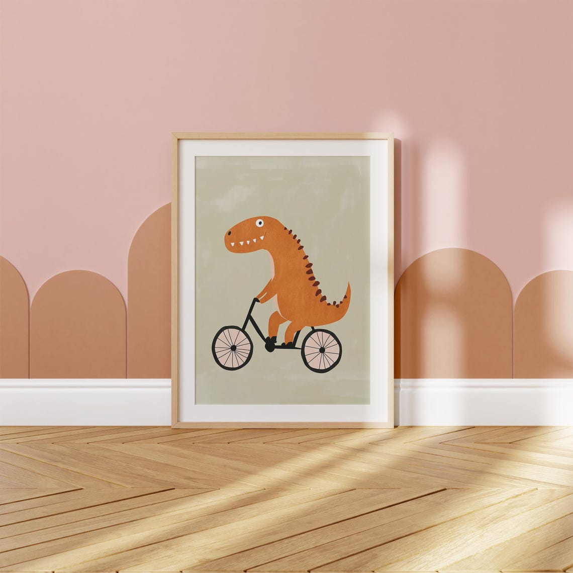 Orange T Rex Dinosaur Riding Bicycle Cute Kids Dino Art Poster - Image 2