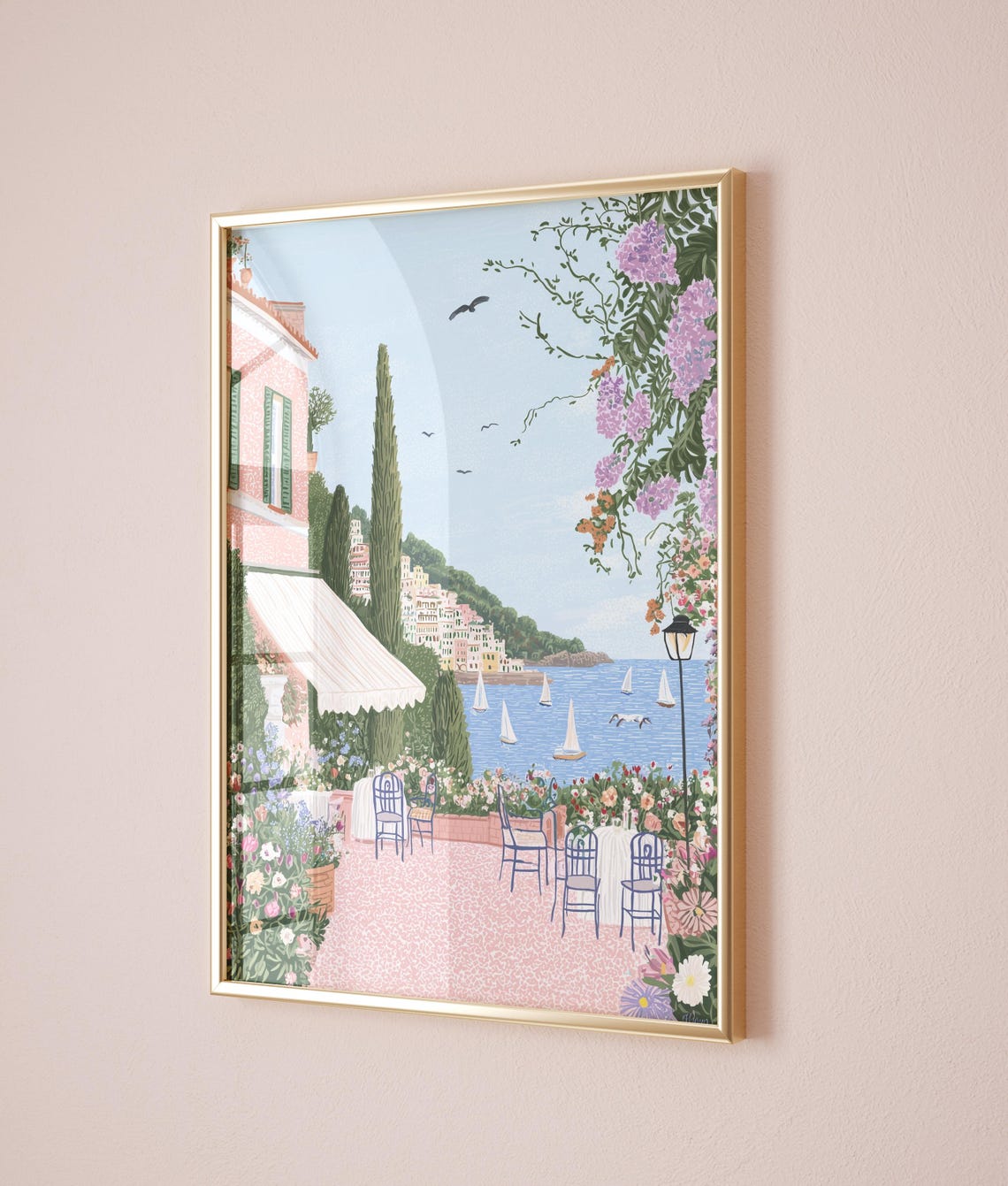 Coastal Cliffside Cafe Terrace Sailboats Bougainvillea Summer Poster - Image 2