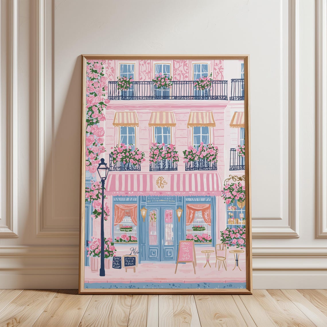 Parisian Pink Cafe Facade Striped Awning Roses Flower Spring Poster