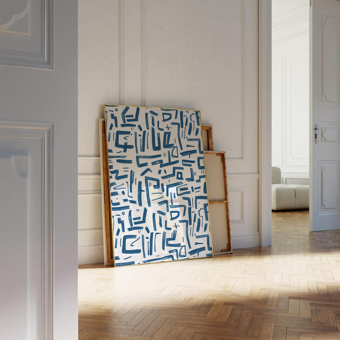 Eclectic Blue Abstract Pattern Art Poster with Navy Brushstrokes - Image 2
