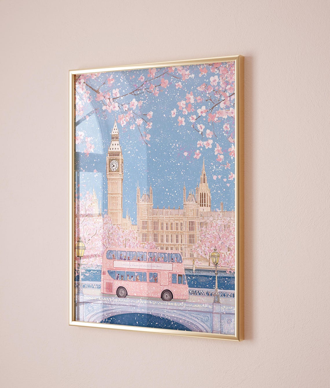 London Big Ben Pink Double Decker Bus Spring Blossom Bridge Poster - Image 2