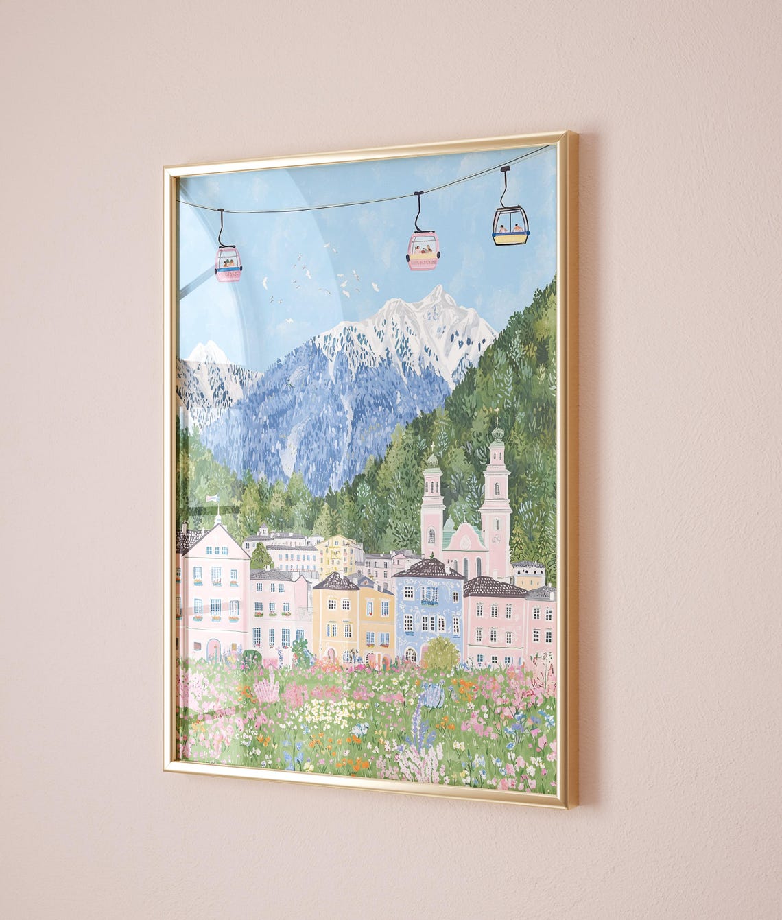 Alpine Town Cable Cars Wildflower Meadow Mountain Summer Poster - Image 2