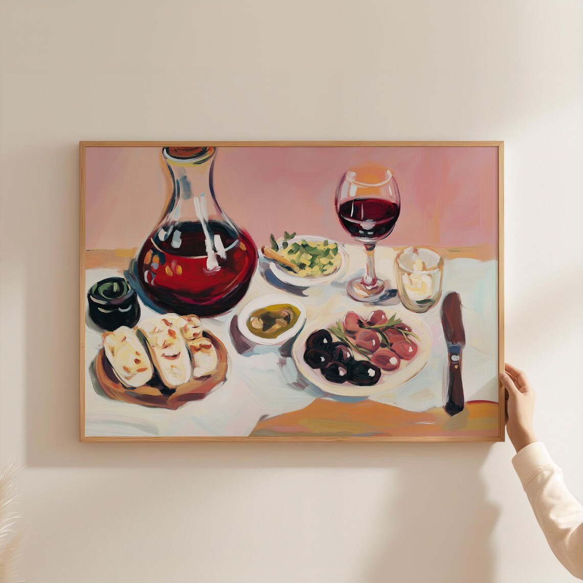 Red Wine Decanter Tapas Bread Olives Cheese Table Painting Kitchen Wall Art