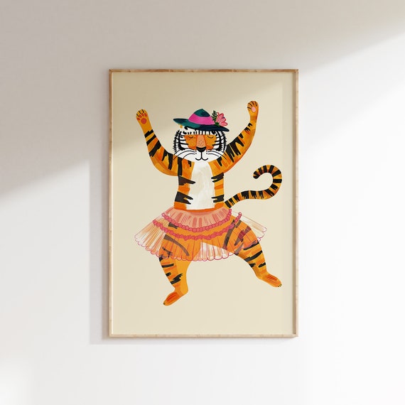 Dancing Tiger Art Tiger In Tutu And Hat Fun Animal Nursery Illustration Quirky Jungle Wall Art Print Kids Room Decor