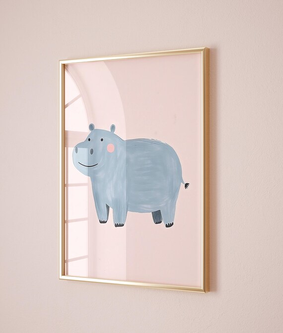 Smiling Blue Hippo Kids Room Animal Nursery Poster Art Decor Pink