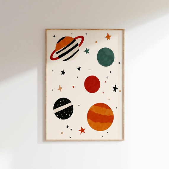 Colorful Hand Painted Planets With Stars Space Kids Nursery Poster