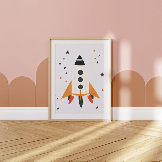 Colorful Rocket Print Space Nursery Art Kids Room Decor Modern Boys Wall Art Star Theme