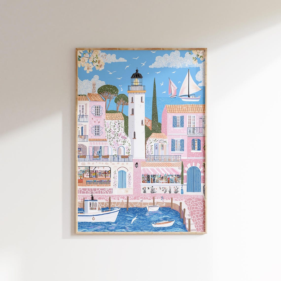 Mediterranean Lighthouse Harbor Pink Seaside Town Boats Poster - Image 2