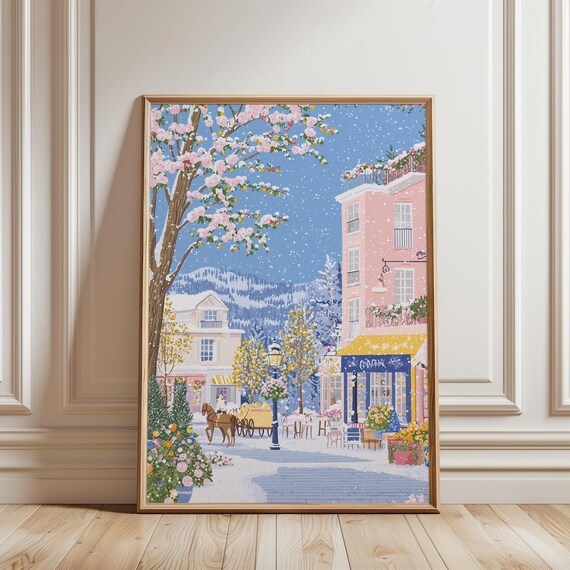 Snowy Village Street Horse Carriage Cherry Blossom Winter Poster