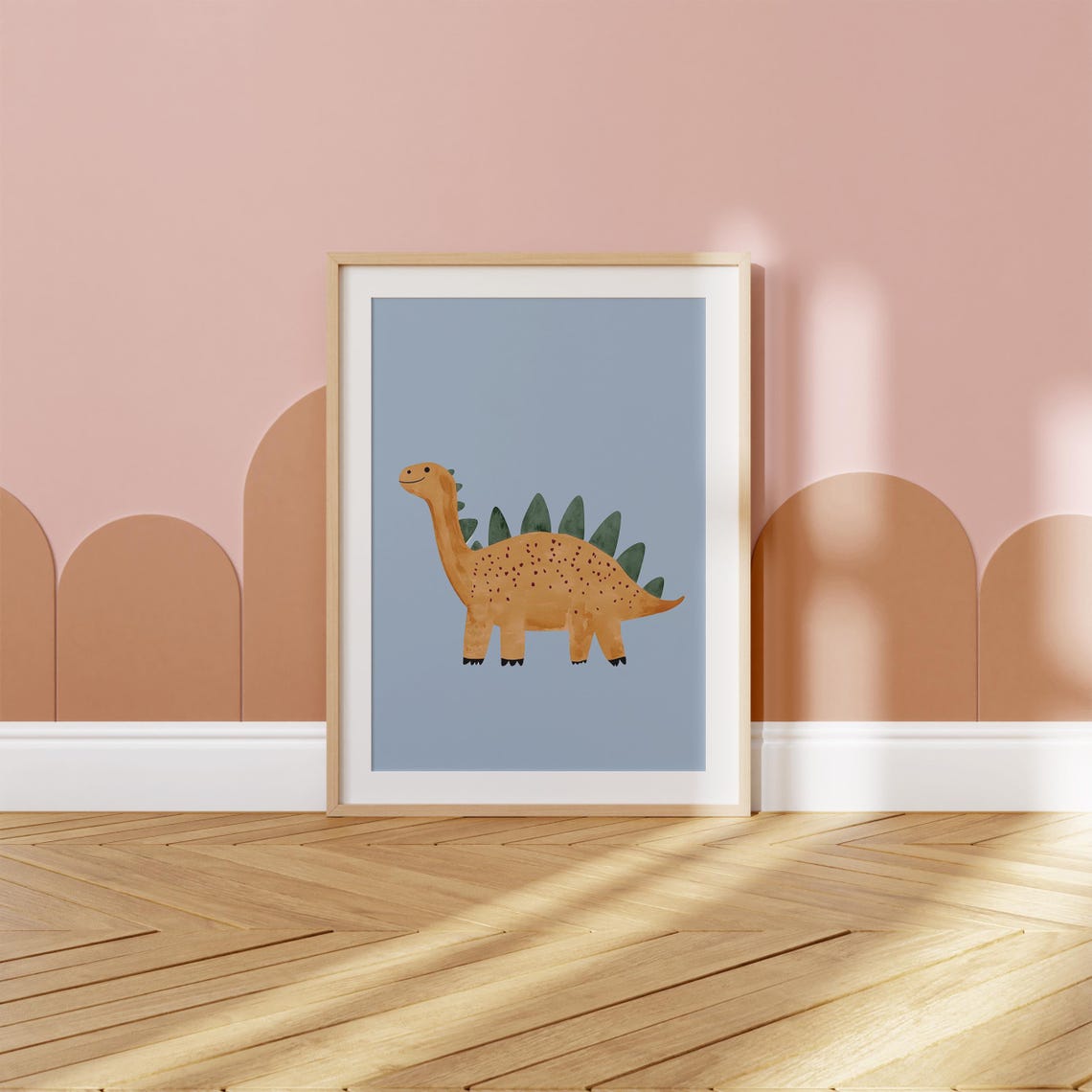 Tan Spotted Stegosaurus Green Plates Kids Dino Room Art Poster - Image 2