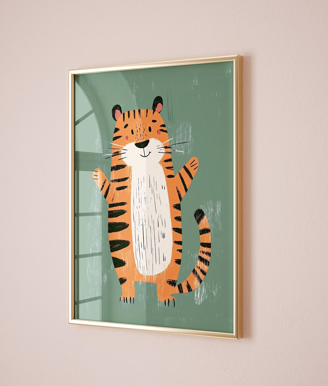 Cute Happy Tiger Waving Paws Green Background Kids Animal Poster - Image 2
