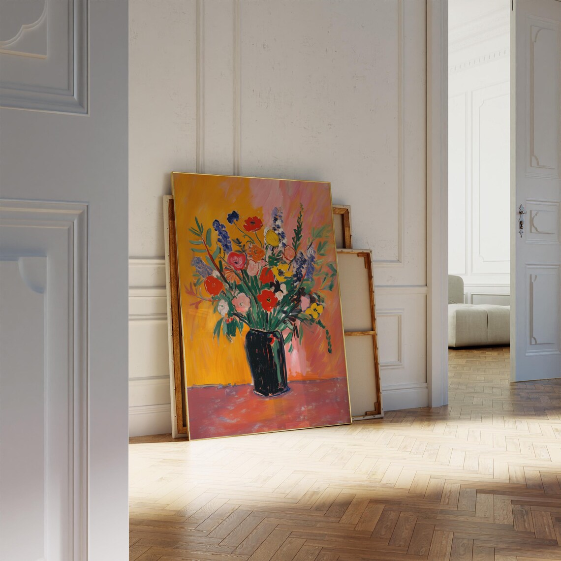 Vibrant Flower Bouquet Black Vase Warm Orange Background Poster - Image 2