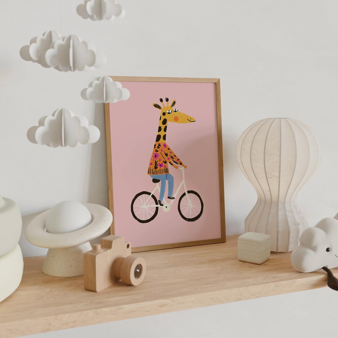 Giraffe Riding Bicycle Orange Floral Sweater Pink Nursery Kids Wall Poster - Image 5