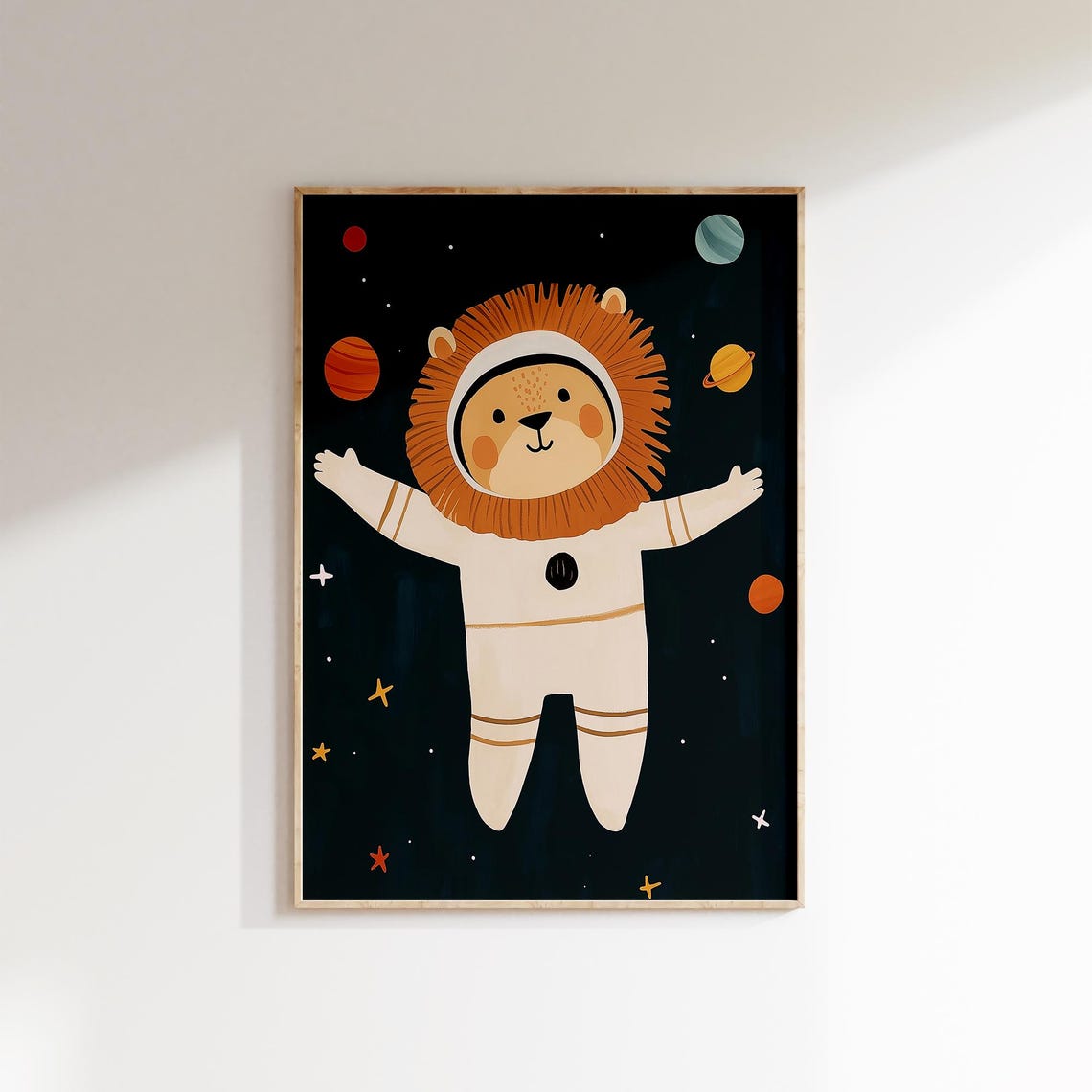 Lion Astronaut Floating In Space Stars Kids Nursery Animal Poster