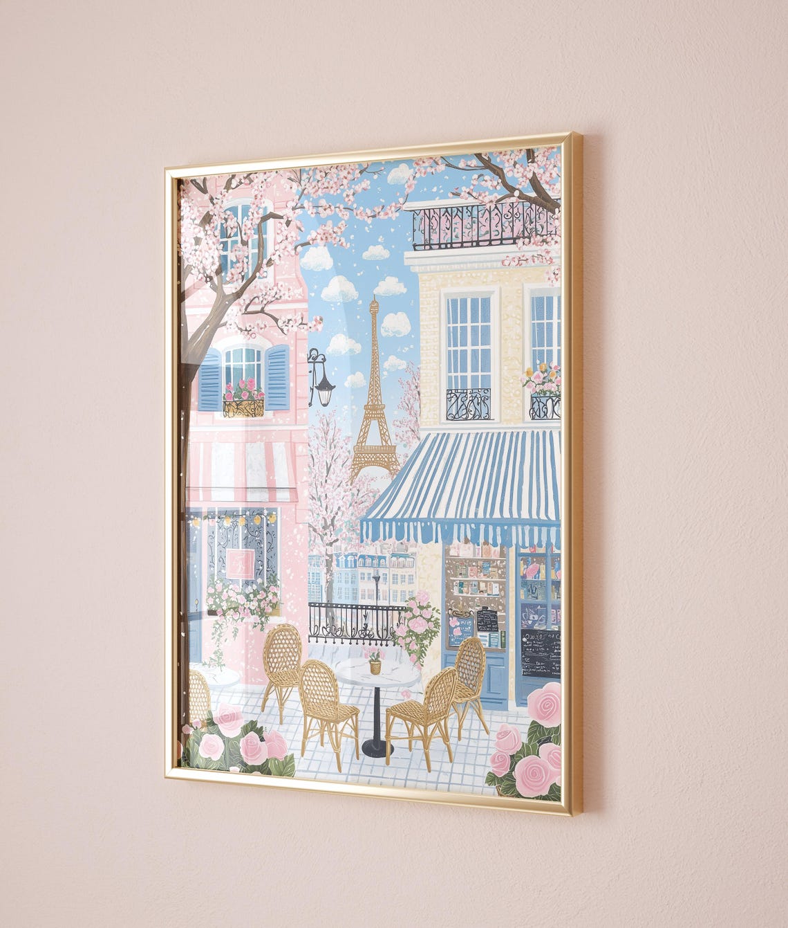 Parisian Cafe Street Eiffel Tower Cherry Blossoms Spring Poster - Image 3