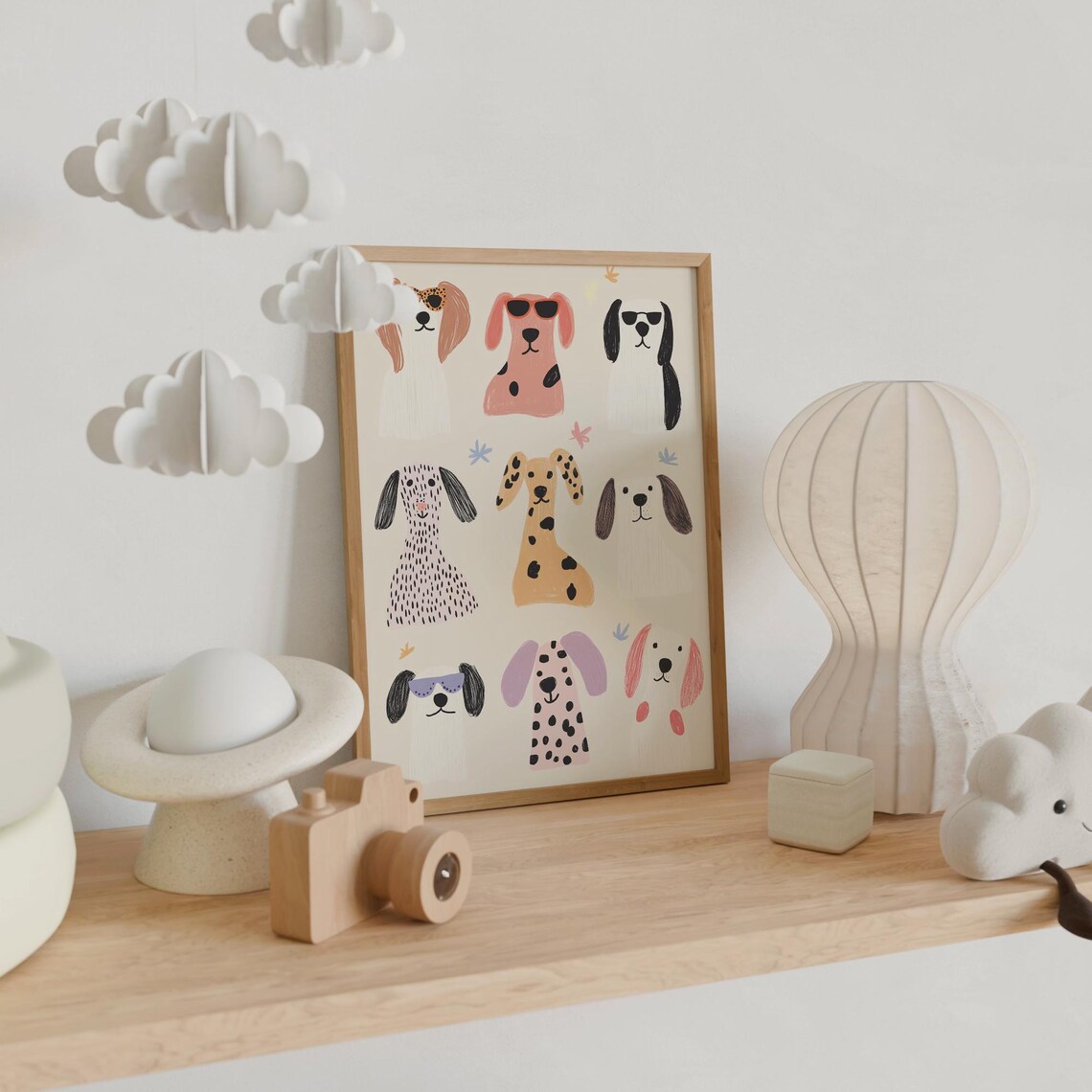 Nine Whimsical Dog Faces Sunglasses Spotted Cream Kids Wall Art Poster - Image 4