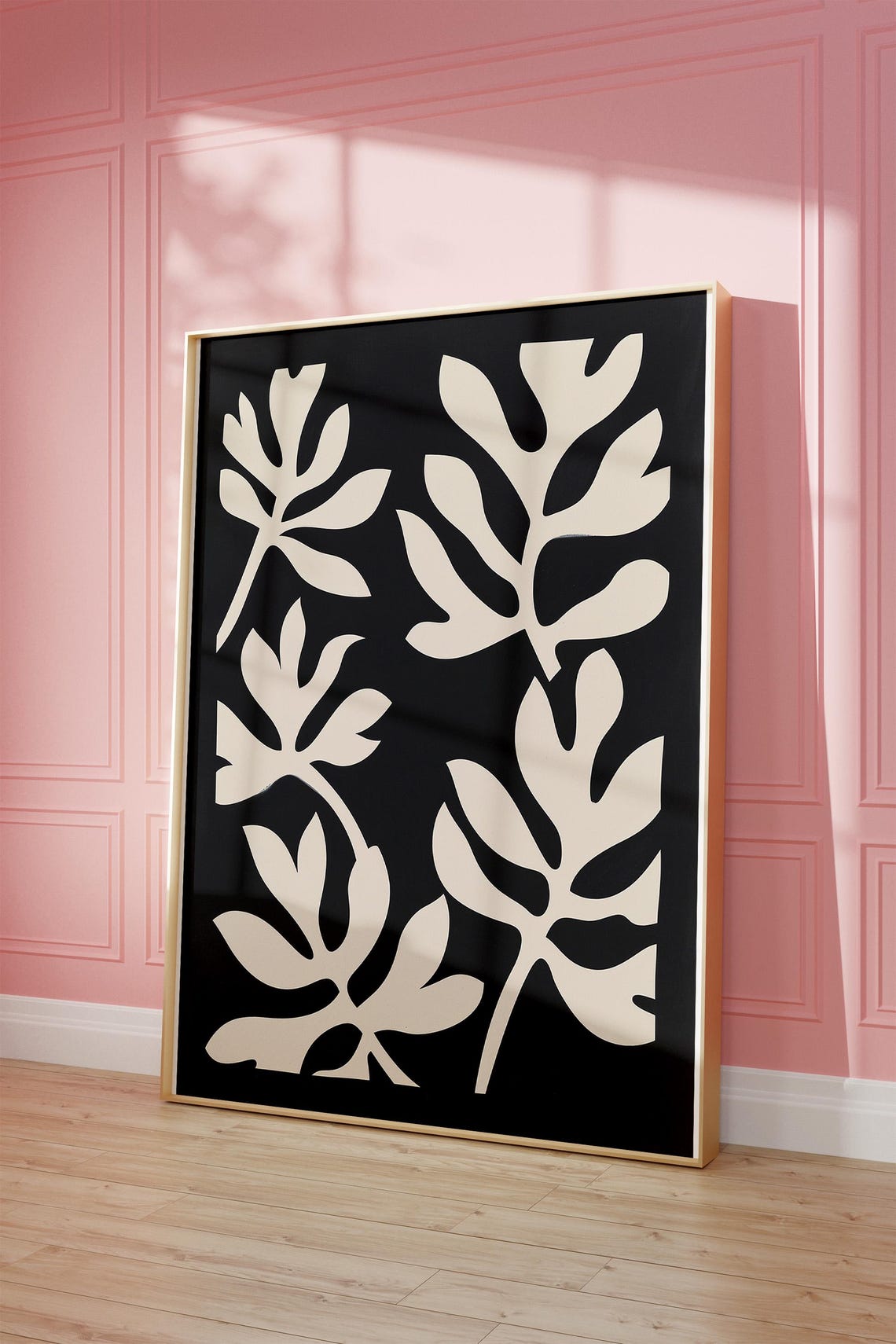 Black and White Botanical Art Poster with Minimalist Leaf Shapes