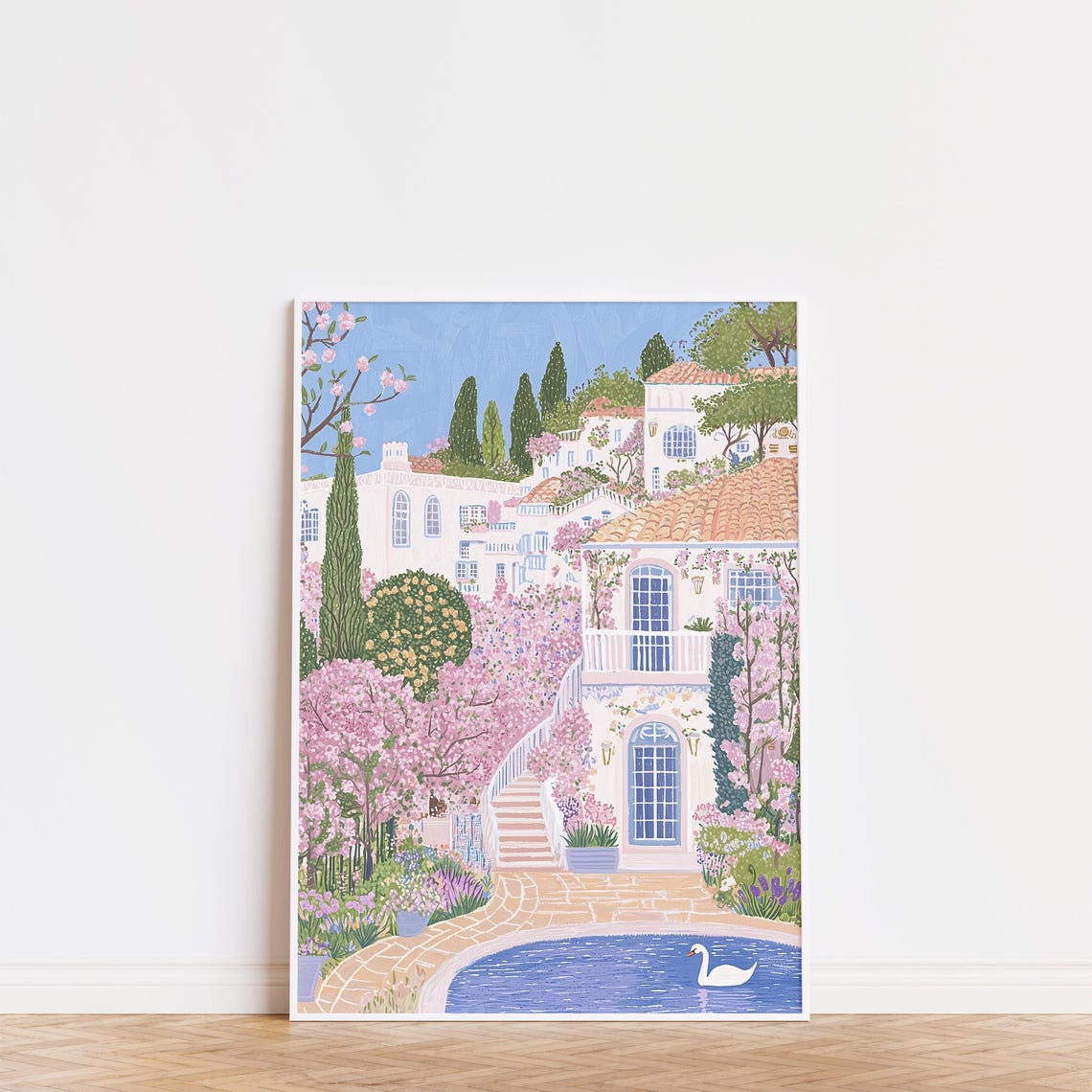 Pink Blossom Mediterranean Hillside Village Swan Pond Spring Poster - Image 3