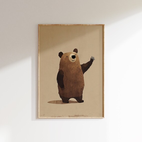 Cute Brown Bear Waving Hello Beige Nursery Kids Room Animal Theme Poster