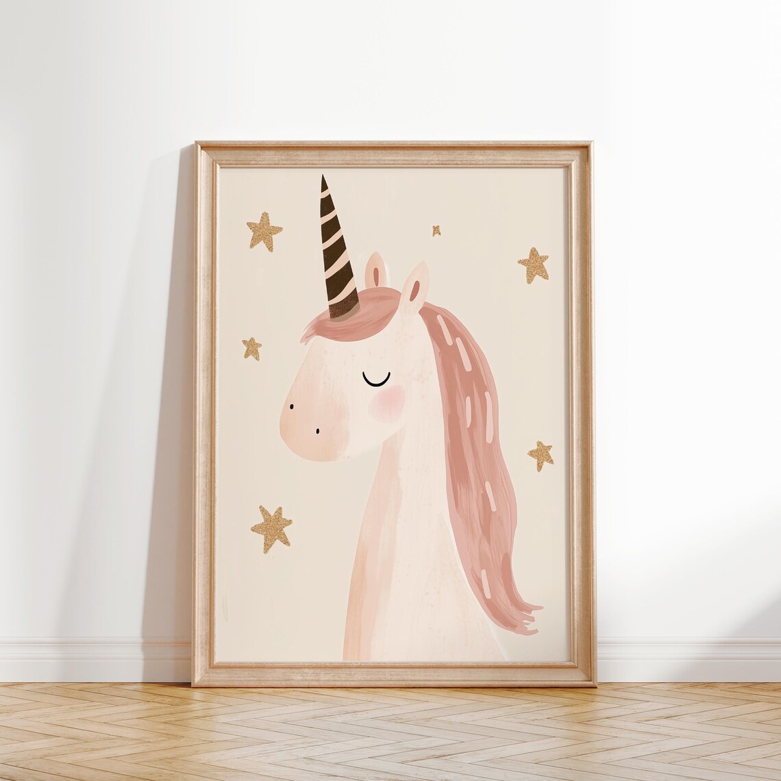 Blush Unicorn Gold Stars Striped Horn Watercolor Nursery Wall Art