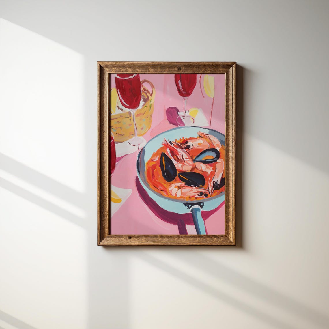 Seafood Paella Prawns Mussels Red Wine Glasses Pink Kitchen Poster - Image 3