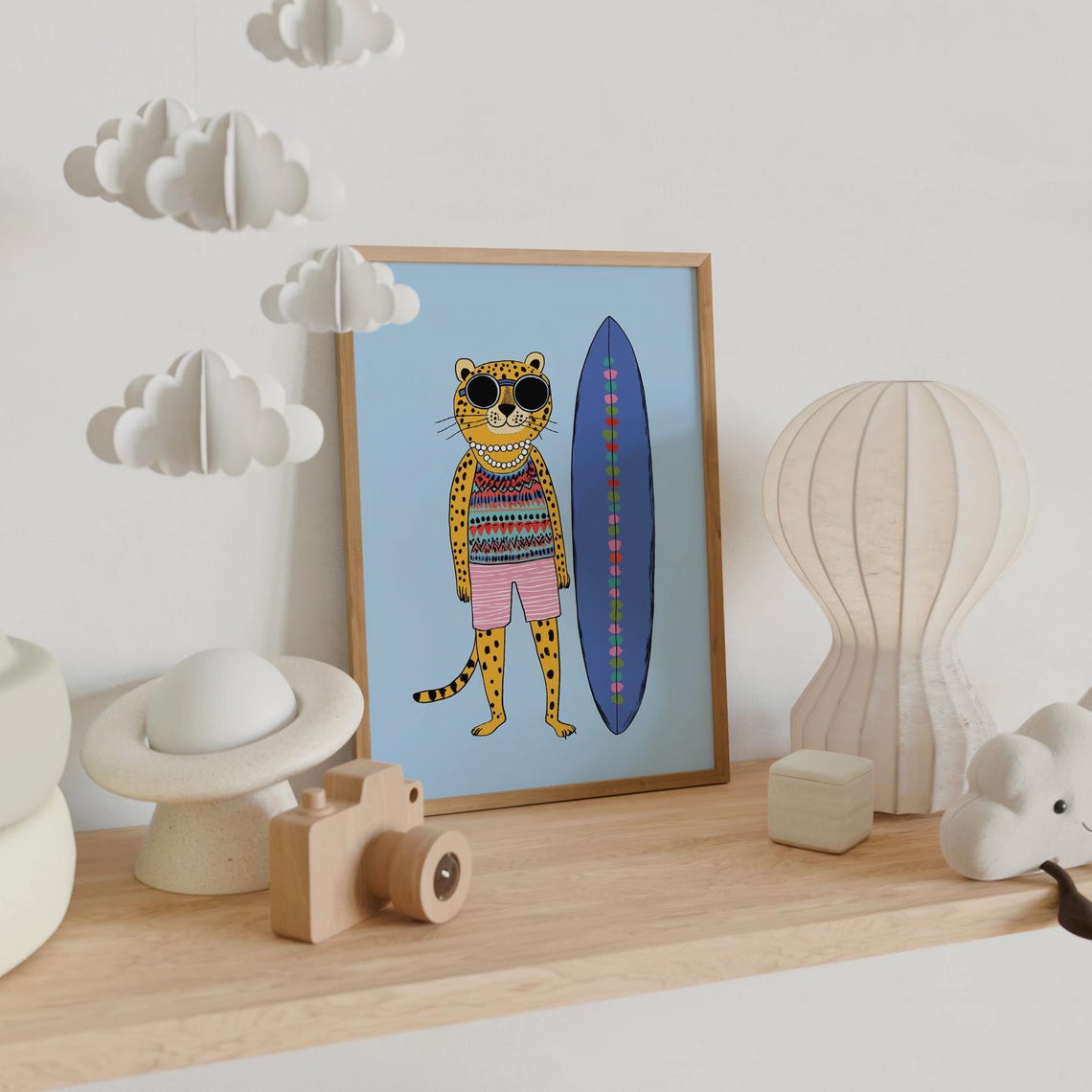 Surfing Leopard With Sunglasses Blue Surfboard Kids Art Print - Image 6