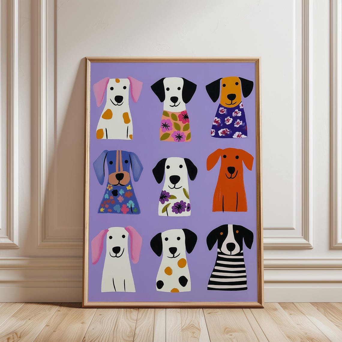Modern Dog Print Nine Floral Spotted Pups Lavender Nursery Kids Poster