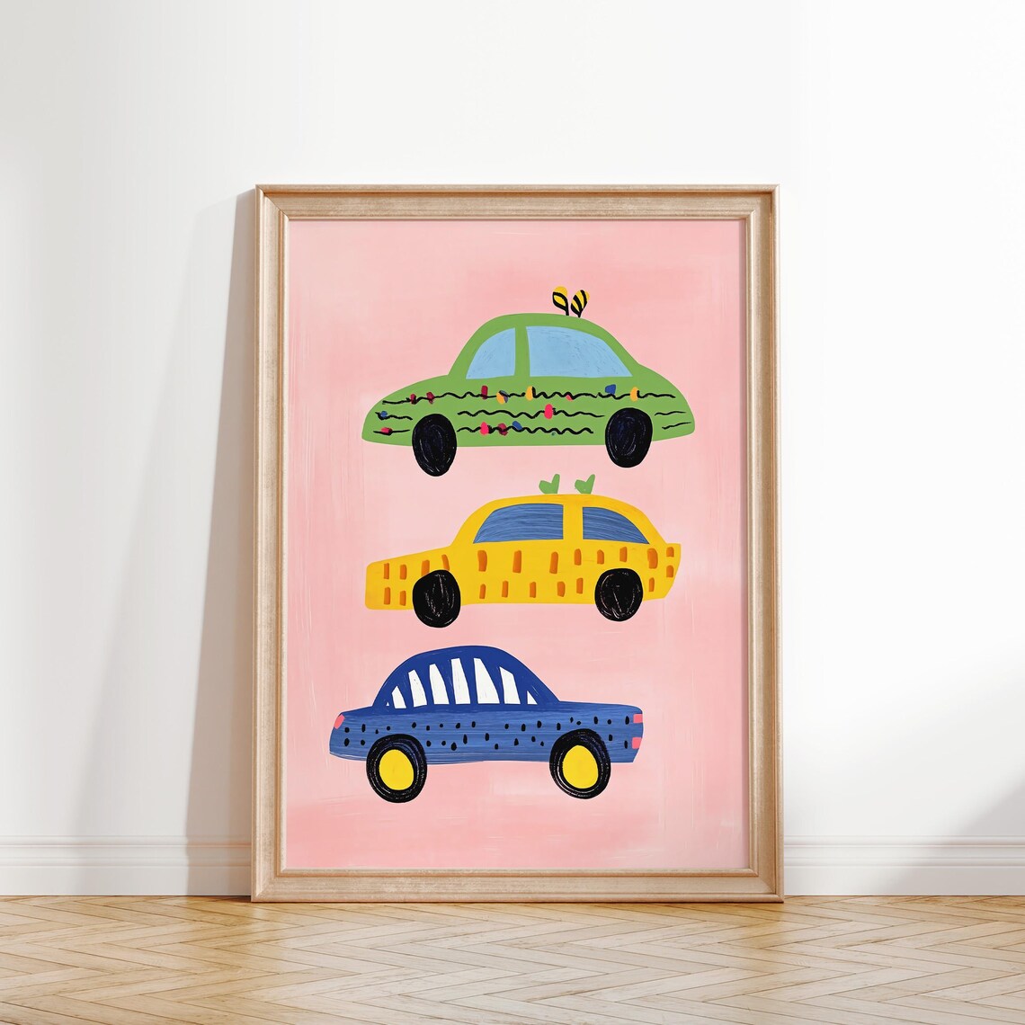 Cute Hand Drawn Cars Trio Pink Playful Kids Room Vehicle Poster - Image 2