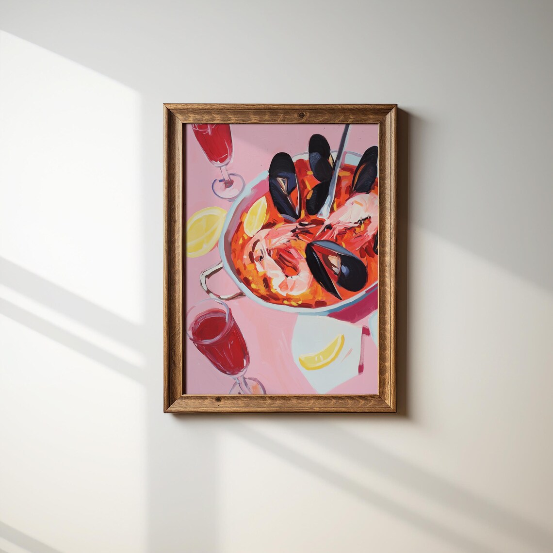 Spanish Seafood Paella With Shrimp Mussels Wine Pink Food Art Poster - Image 4