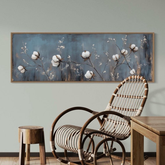 Rustic Cotton Plant Panoramic Art Print, Farmhouse Decor