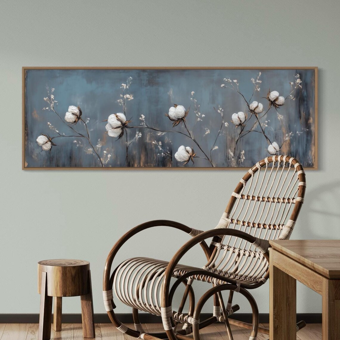 Rustic Cotton Plant Panoramic Art Print, Farmhouse Decor