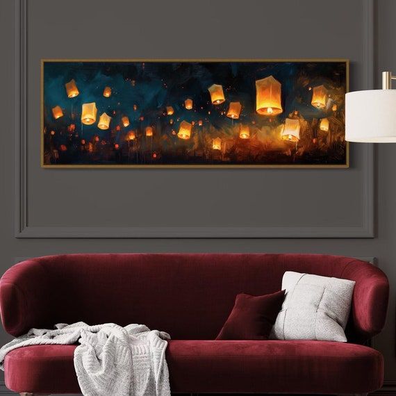 Abstract Floating Lanterns In Night Sky Enchanting Panoramic Print For Above Bed Decor Perfect Long Narrow Wall Art