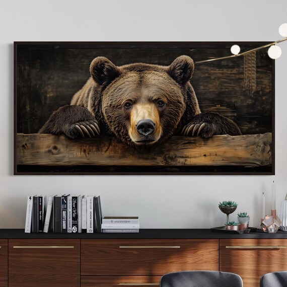 Grizzly Bear Face Peeking Over Wooden Beam Rustic Lodge Wildlife Art Poster