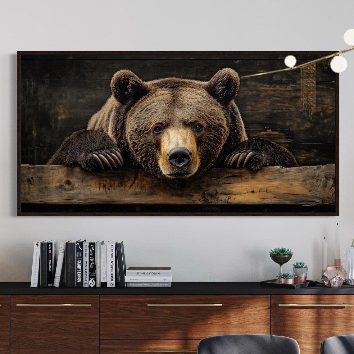 Grizzly Bear Face Peeking Over Wooden Beam Rustic Lodge Wildlife Art Poster
