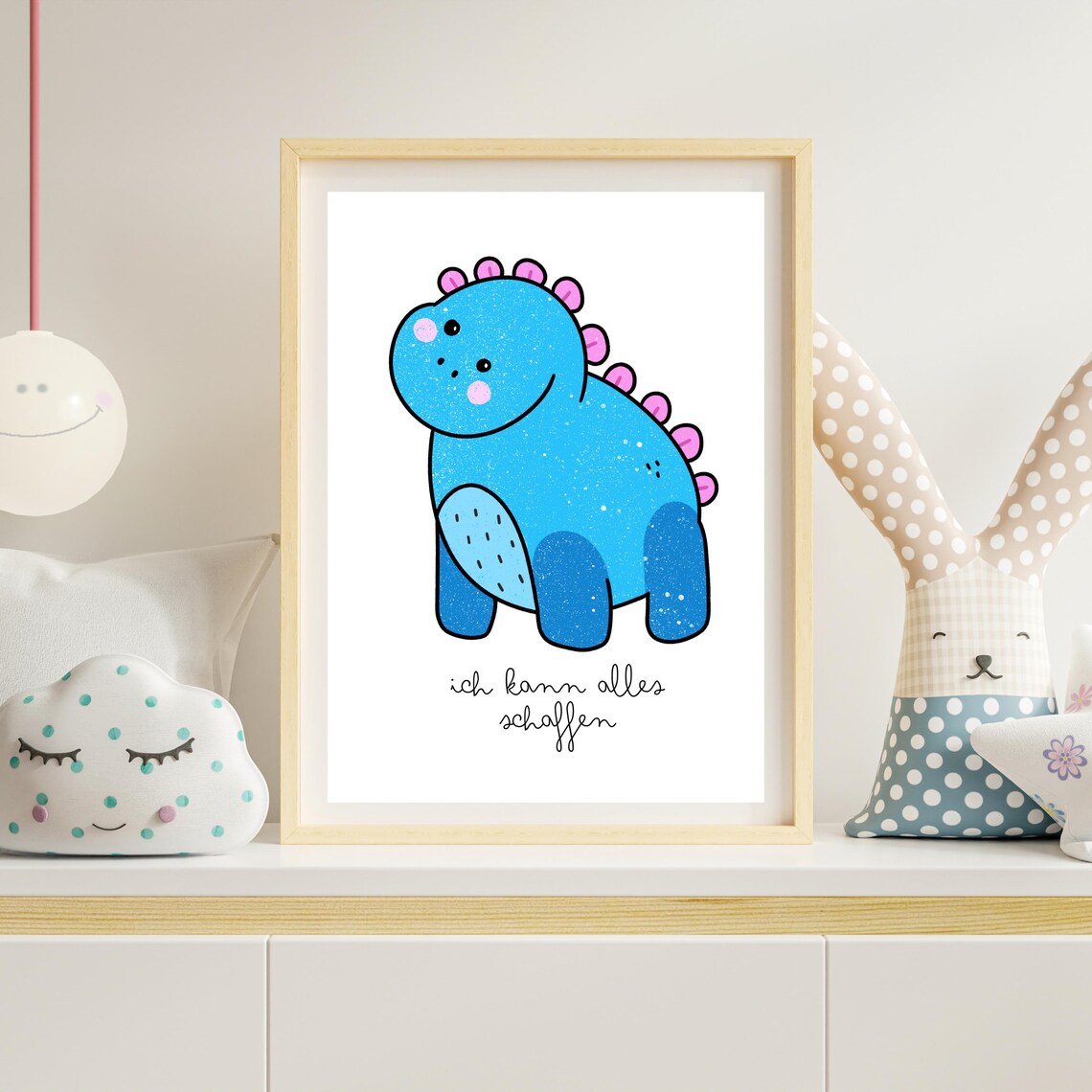 Happy Blue Cartoon Dinosaur 'I Can Do It' Affirmation Kids Room Poster
