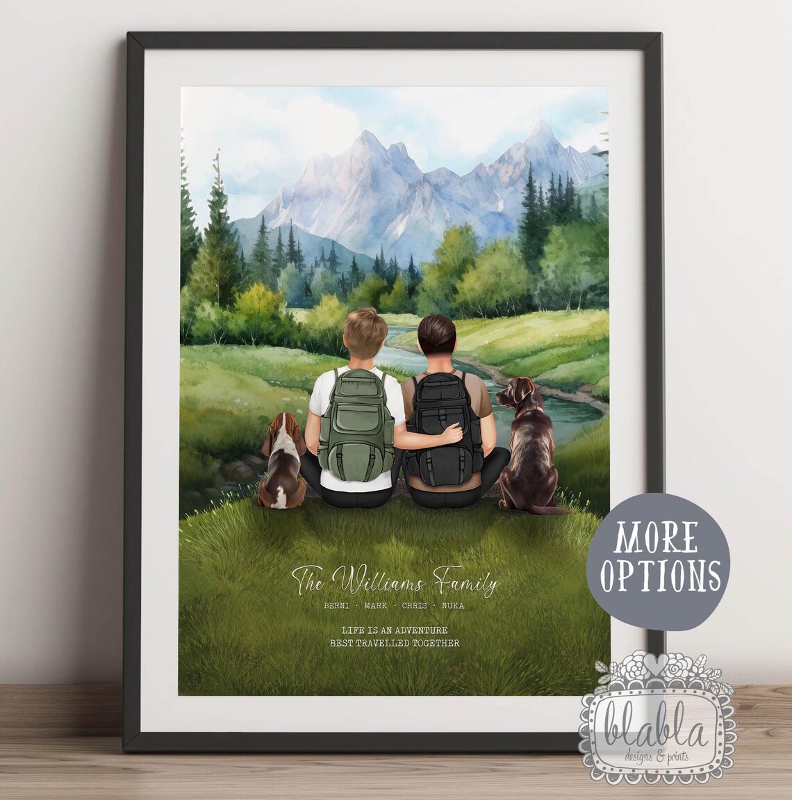 Two Hikers With Two Dogs at Mountain Lake Family Portrait Poster