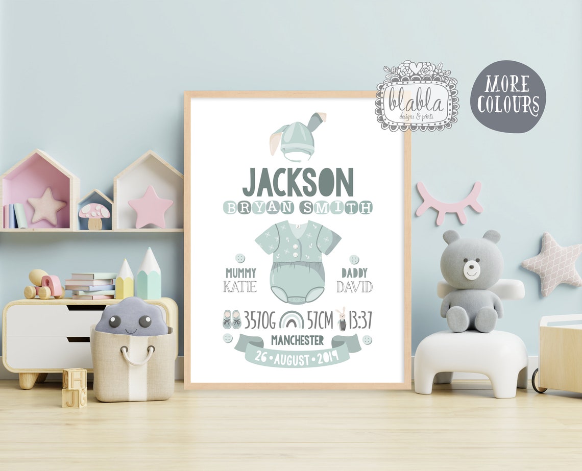 Hannah Amber Tylor Baby Birth Stats Bunny Nursery Keepsake Print - Image 2