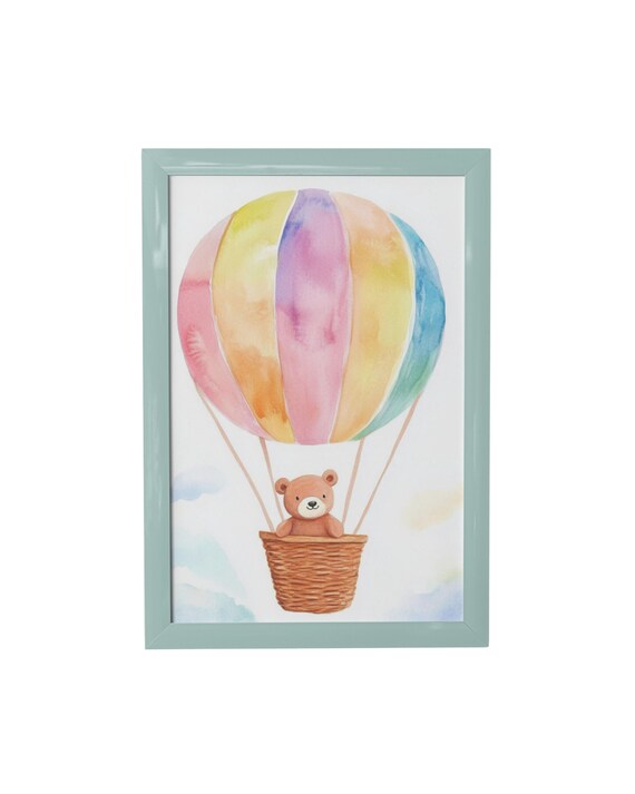 Pastel Rainbow Balloon With Teddy Bear In Basket Nursery Poster