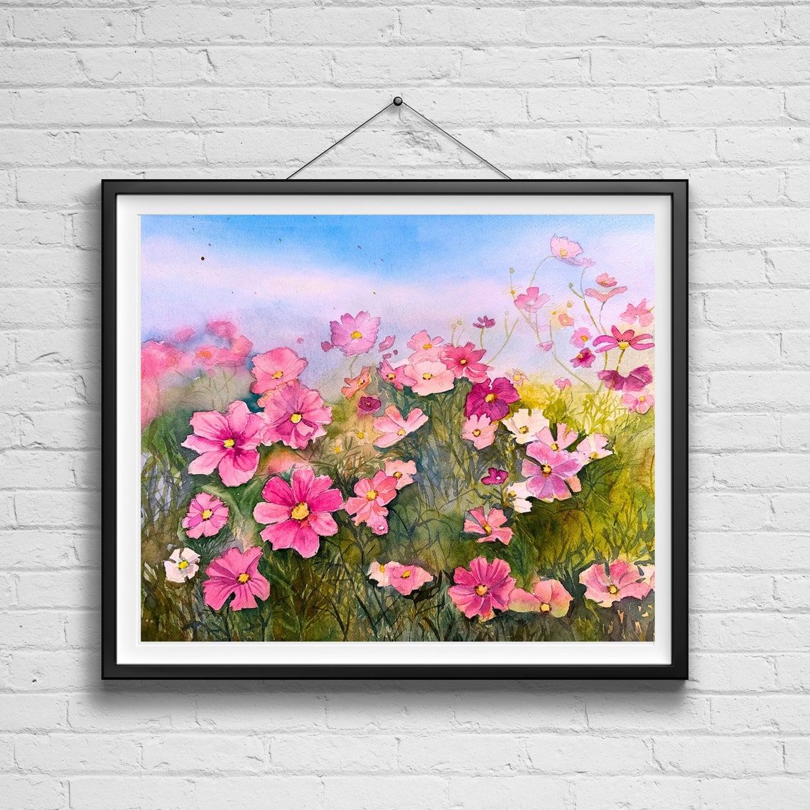 Pink Cosmos Flowers Field Under Blue Sky Watercolor Floral Poster