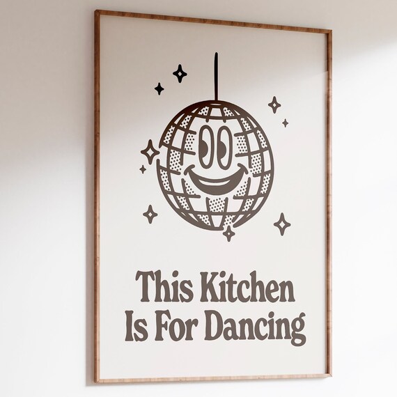 Retro Kitchen Wall Art Disco Ball Dance Print Cute Groovy Decor Trendy Kitchen Poster Fun Black And White Retro Art Printable Wall Art