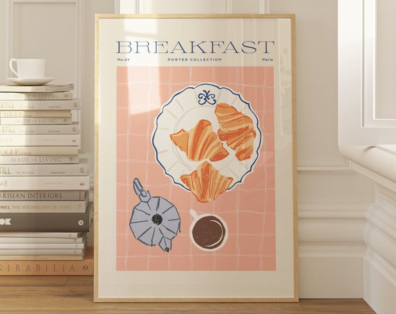 Cute Breakfast Print Pink Croissant And Coffee Poster Kitchen Wall Art