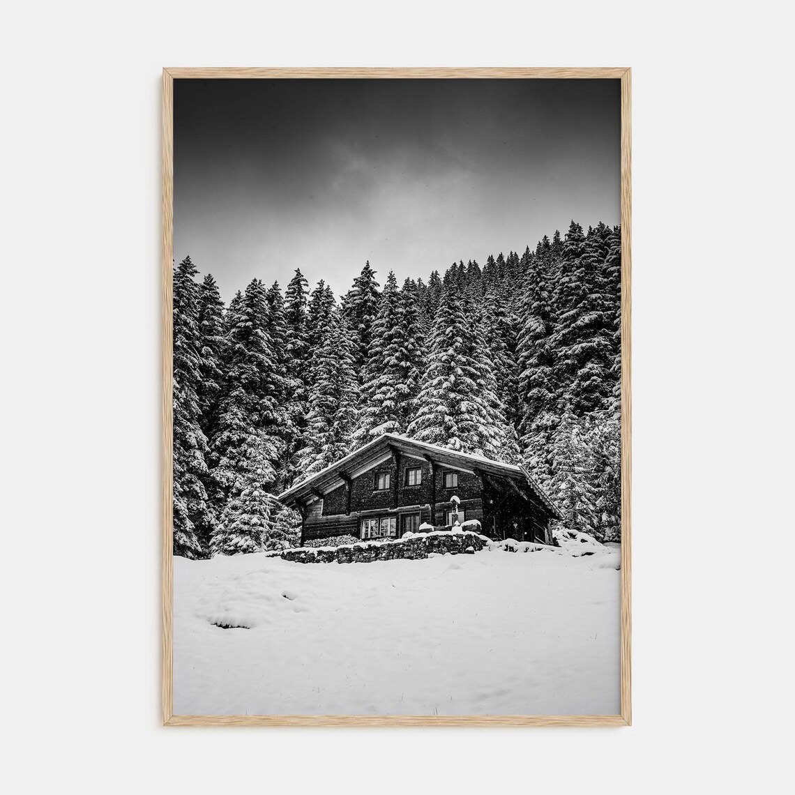 Snowy Log Cabin Poster Black White Winter Forest Photography Art