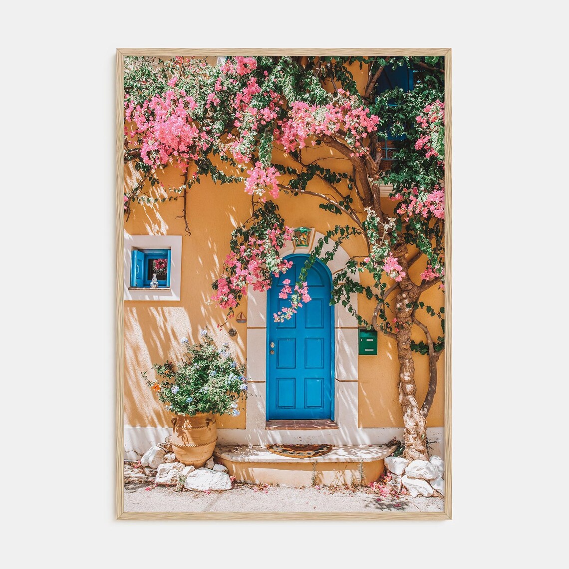 Cobalt Blue Door Under Bougainvillea on Ochre Wall Travel Poster