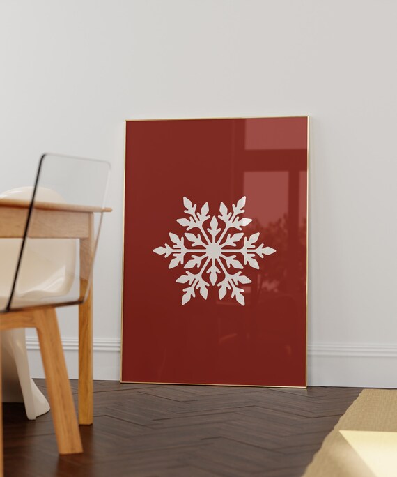 White Snowflake on Rich Red Retro Minimalist Christmas Poster