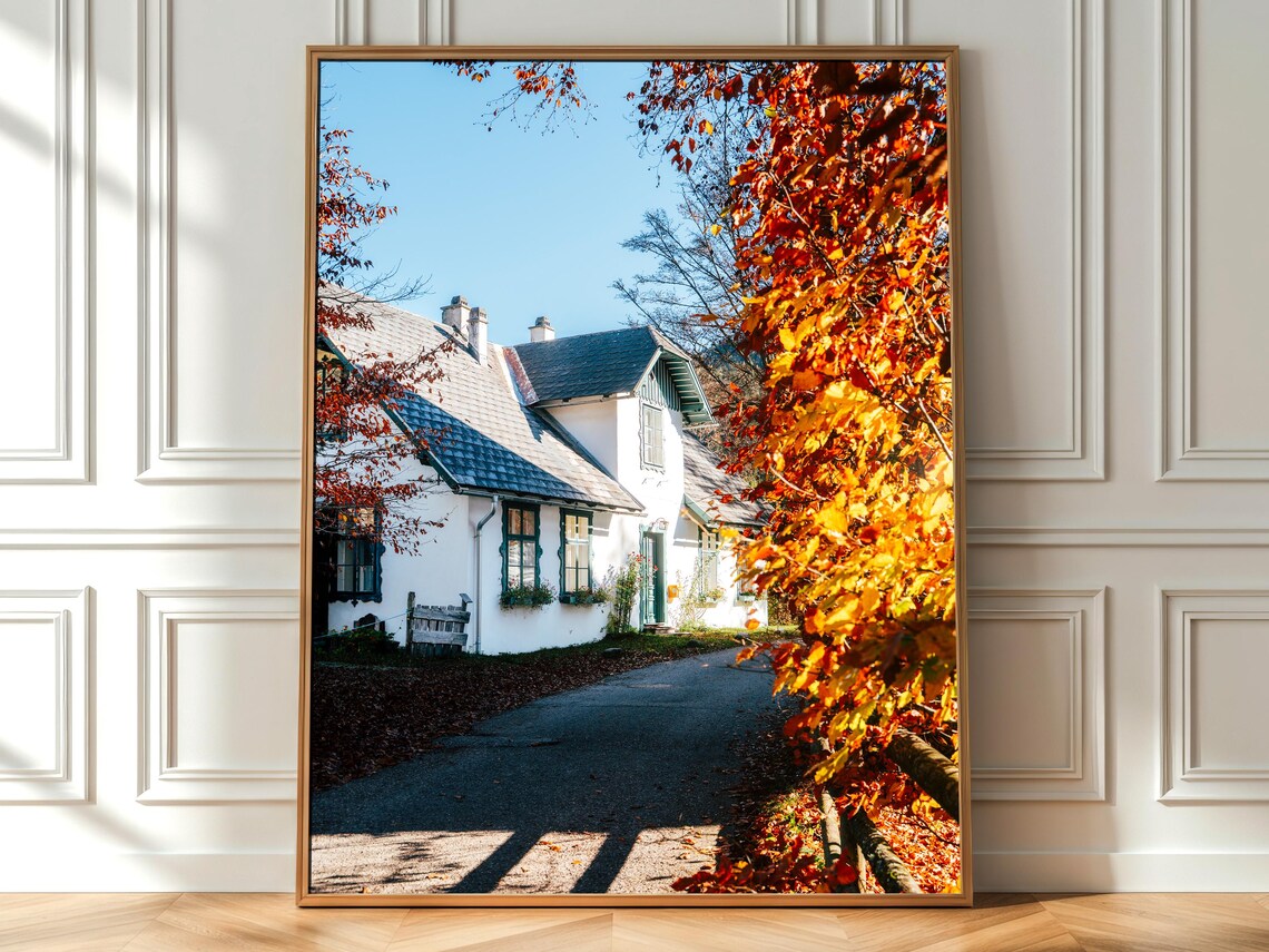 White Country Cottage Autumn Foliage Green Shutters Photo Poster